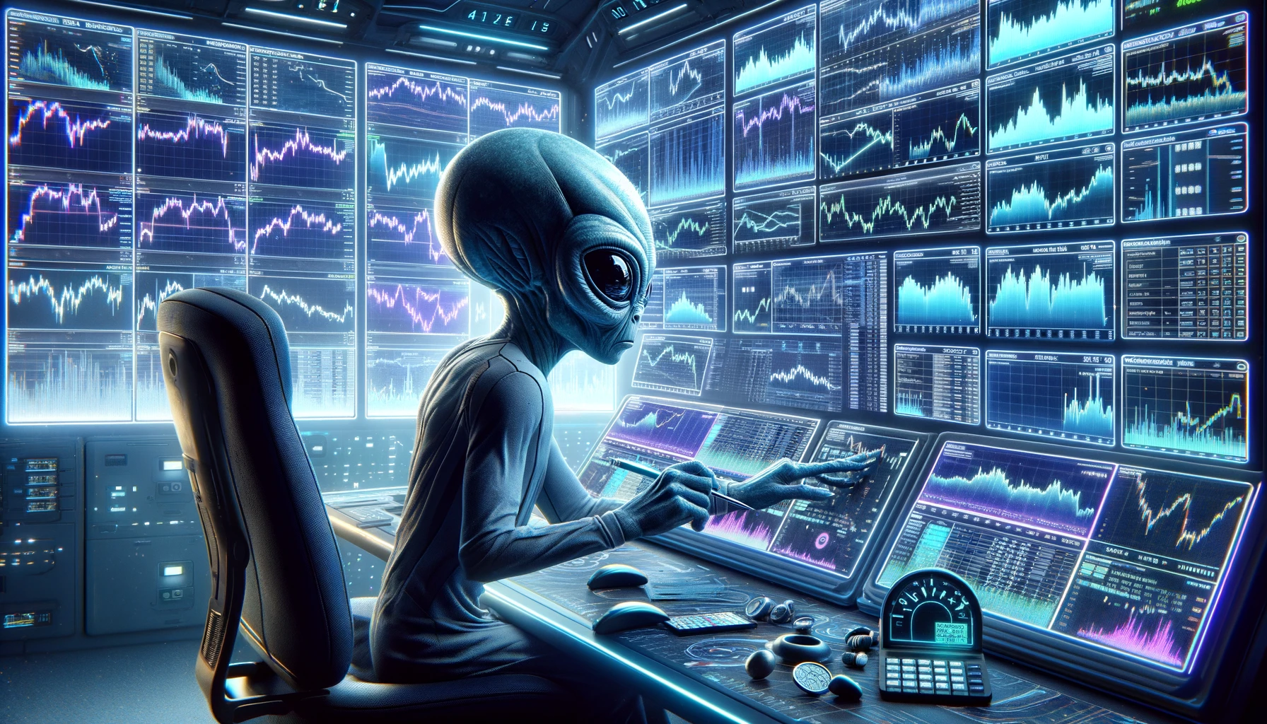 An-alien-character-performing-fundamental-analysis-on-several-screens.-The-scene-is-set-in-a-high-tech-futuristic-environment-with-multiple-digital-screens